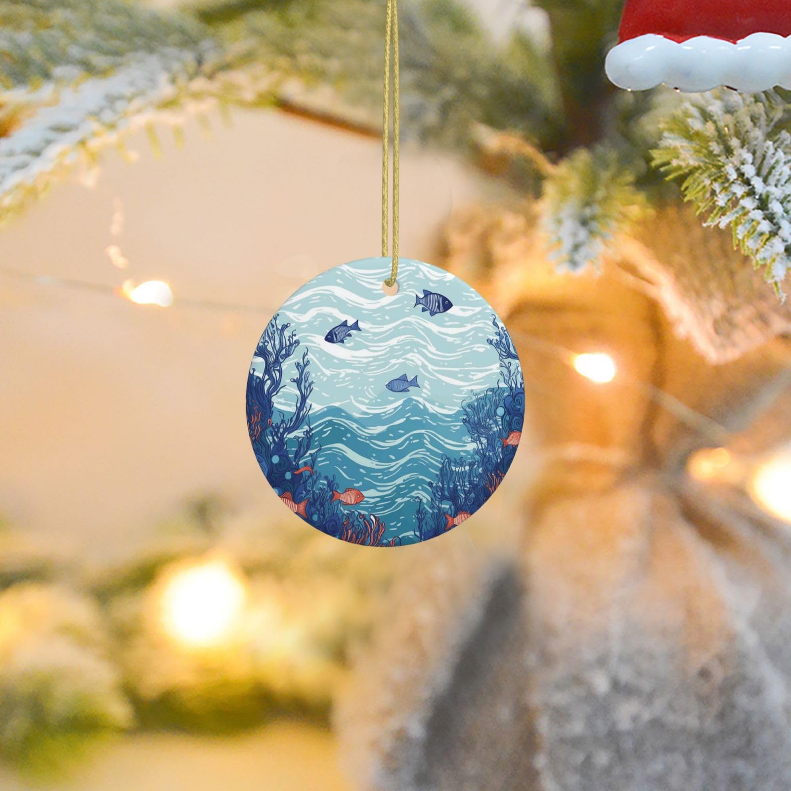 Christmas Tree Ornaments Ceramics Christmas Round Decorations Ocean Waterscape Ceramics Ornaments Circle Pentagram Xmas Tree Hanging Pendant for Christmas Tree Party Holiday Home Decor
