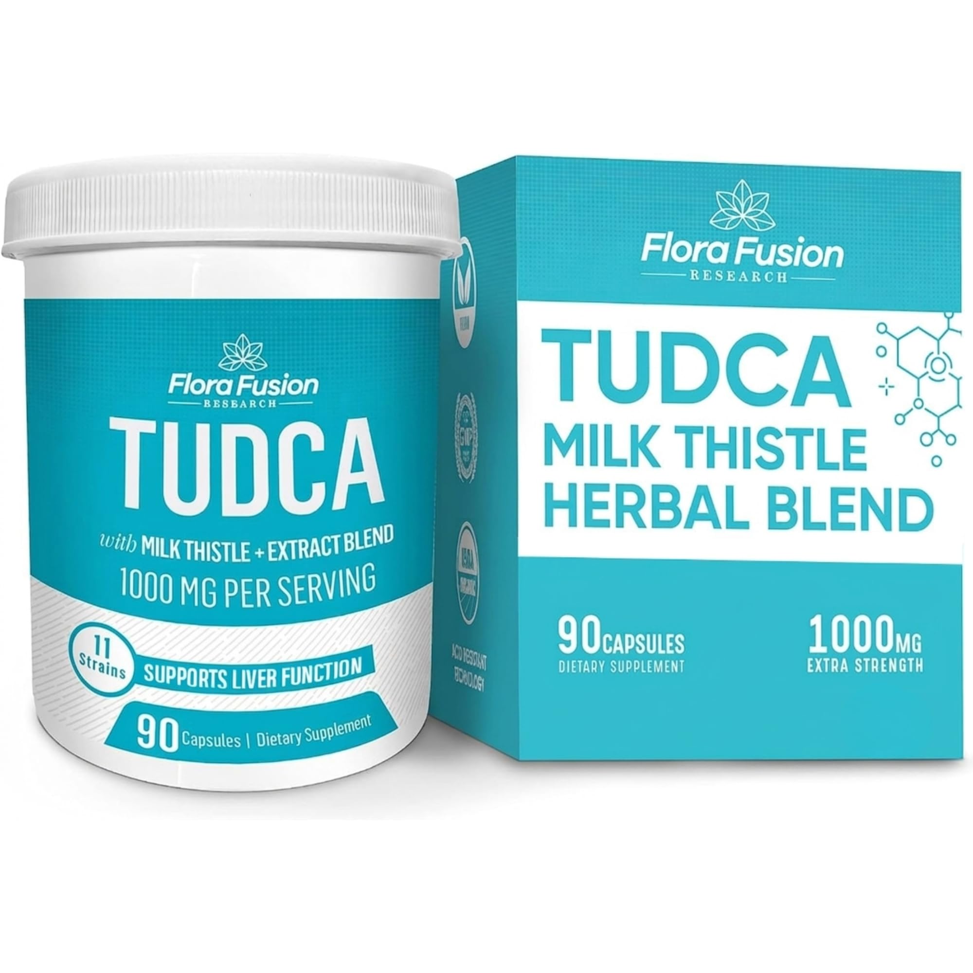 Flora Fusion TUDCA Supplement 1000mg with Milk Thistle & Choline, 500mg per Capsule, Liver Detox & Liver Support, Gallbladder Support, Tauroursodeoxycholic Acid, 90 Capsules, 45-Day Supply