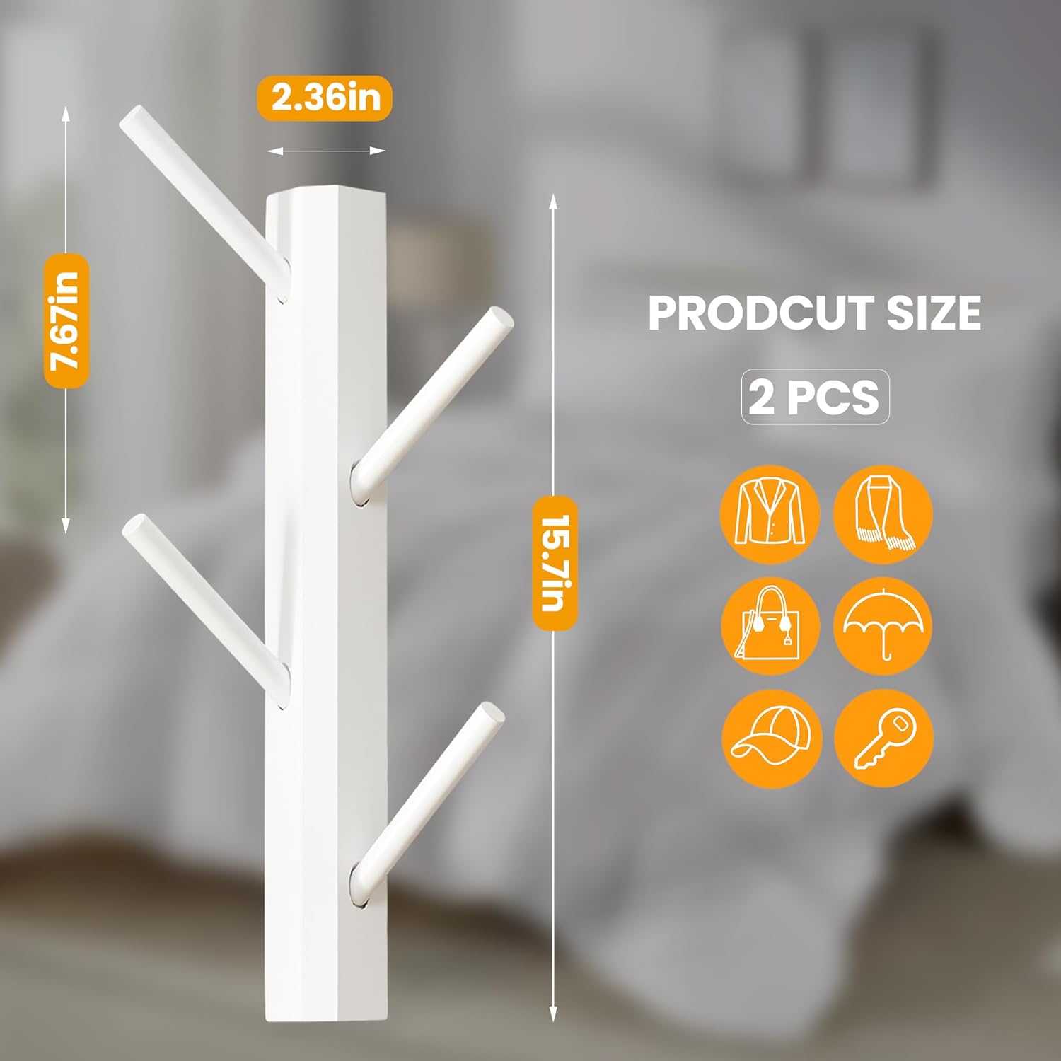 TIOPGHAD 2 Pack Small Vertical Coat Rack Wall Mount, Bamboo Coats Hooks Clothes Holder Hanger for Wall Coat Hat Jacket Clothing Bathroom Robes Entryway(White)