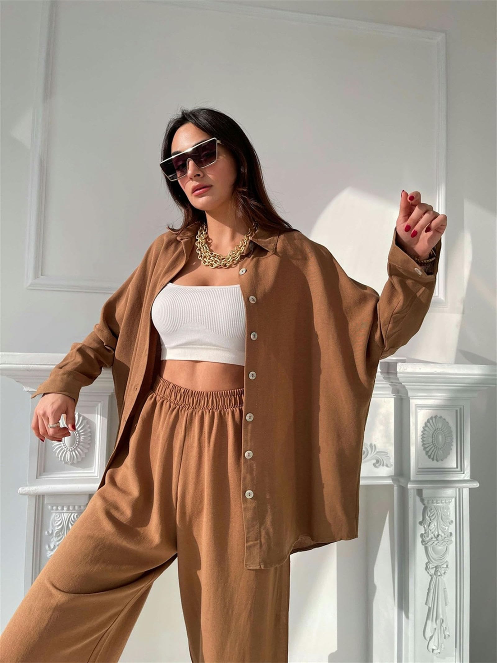 Camicia Casual Estiva da Donna + Pantaloni Stile Harem a Vita Alta Top con Pantaloni Larghi Completo da 2 Pezzi in Cotone e Lino Verde per Donna-Blu-M