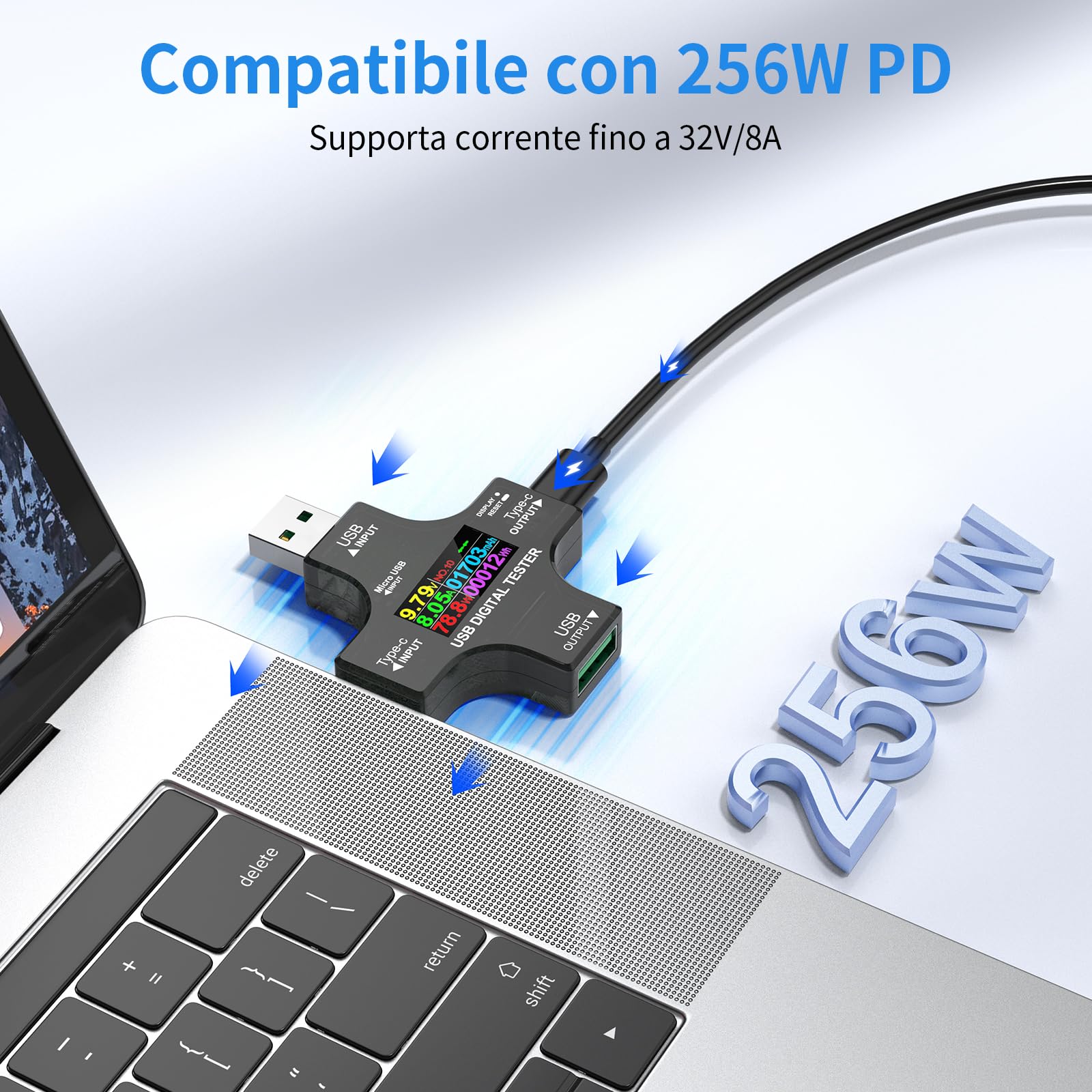 USB C Tester 2 in 1 Misuratore di Potenza 3.6-32V 0-8.0A USB Amperometro Digital Multimetro Tester di Tensione e Corrente Rilevatore Carica Batteria Caricabatterie USB Tester Elettrico