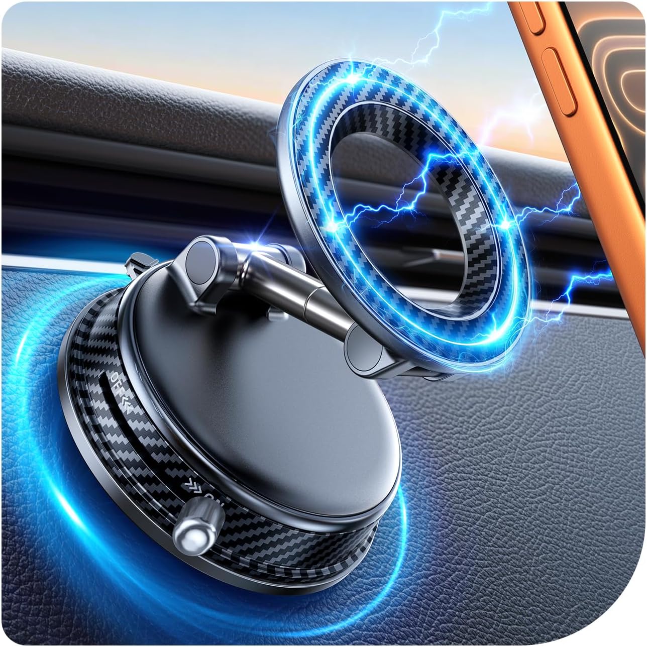 car phone holder for magsafe car mount [108+lbs strongest suction & 3000gf magnetic] vacuum magnetic phone holders for your car 360° adjustable carbon fiber car phone mount for iphone & android black