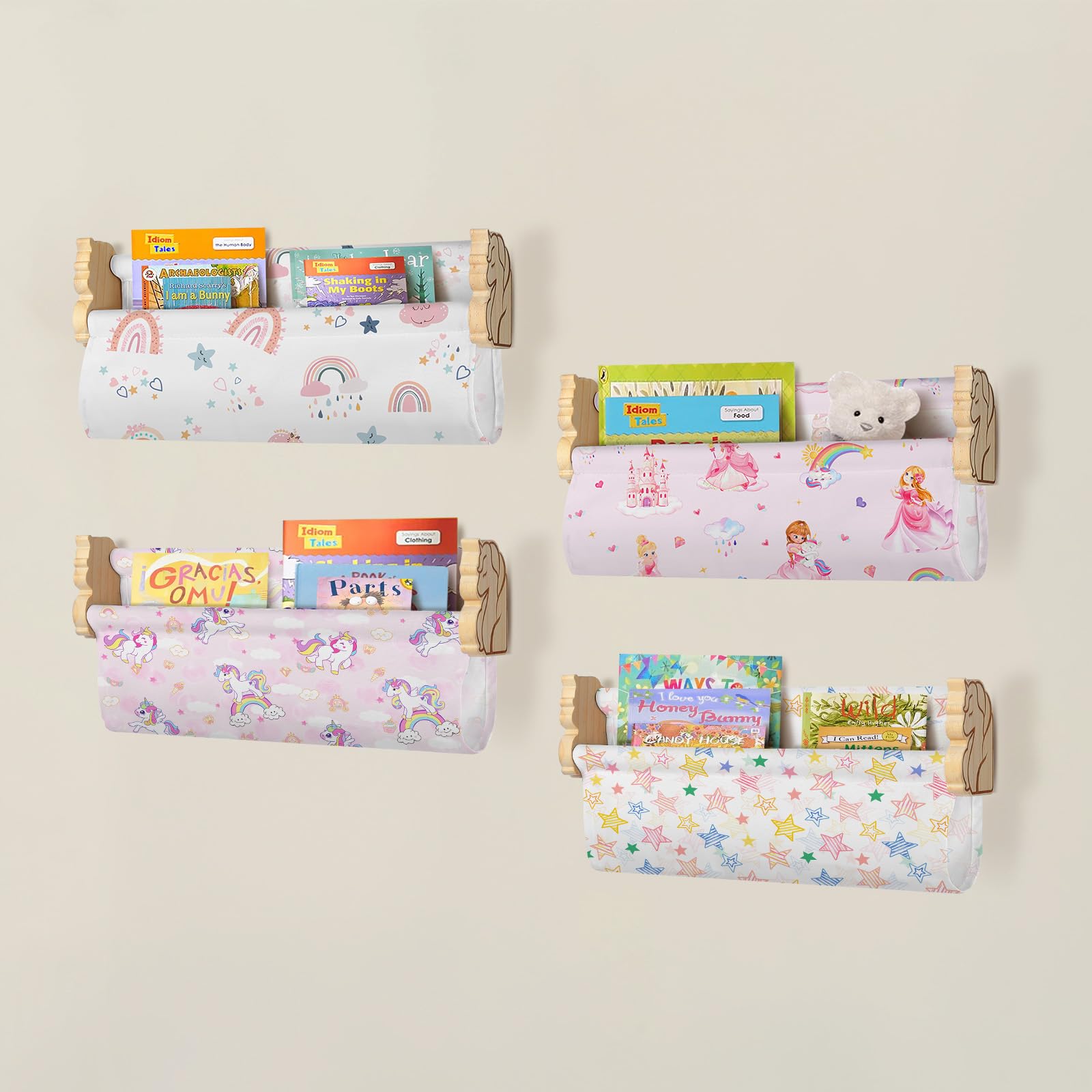 Decalsweet Kids Bookshelf,Set of 4 Floating Book Shelves for Wall,Wooden Book Shelf for Kids Room Classroom Nursery Decor,Gift for Girls Toddler Children,Unicorn