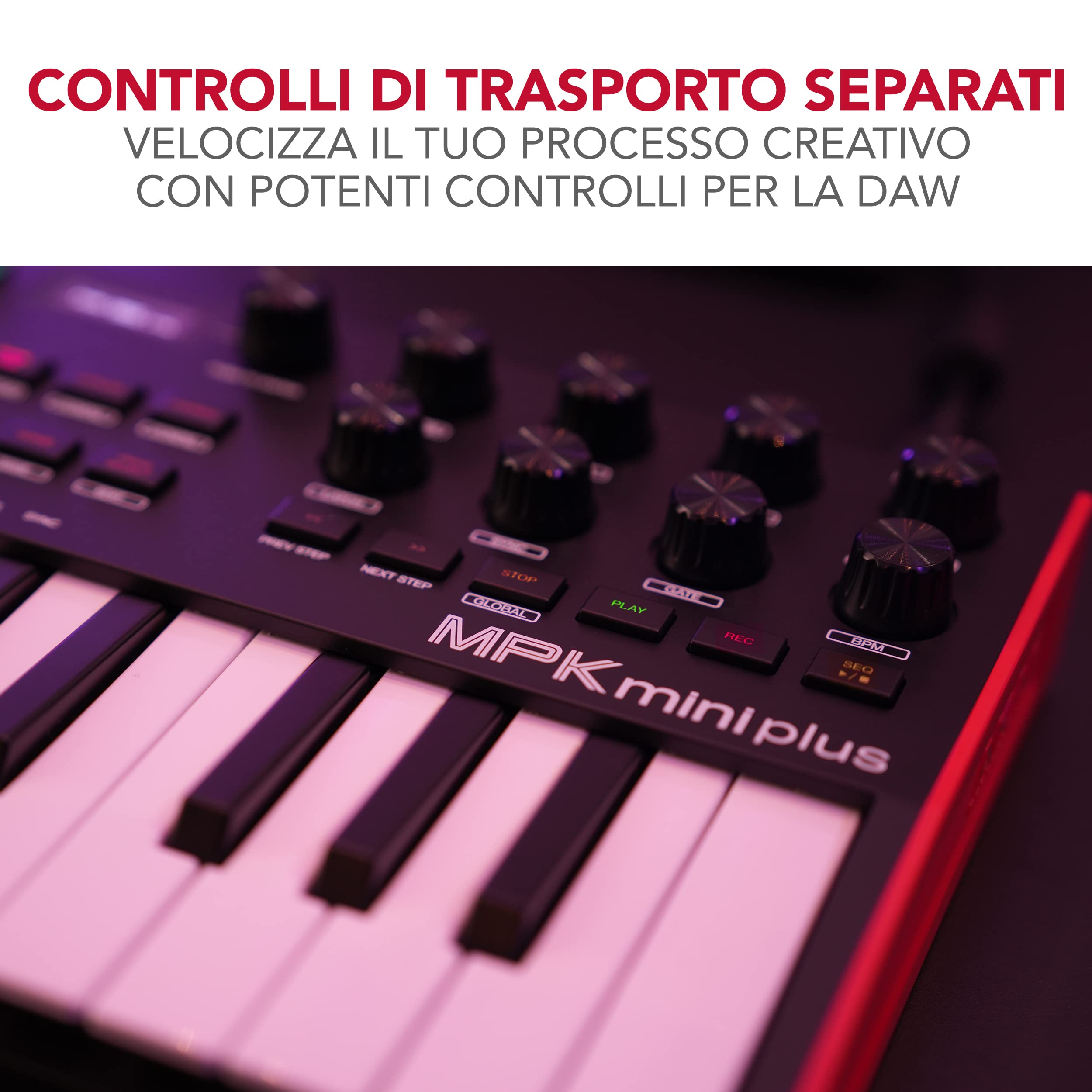 Akai Professional MPK Mini Plus - Controller Tastiera MIDI USB con 37 Mini Tasti, 8 Pad MPC RGB, Manopole Rotary, Software Musicale e Native Instruments Sound Package