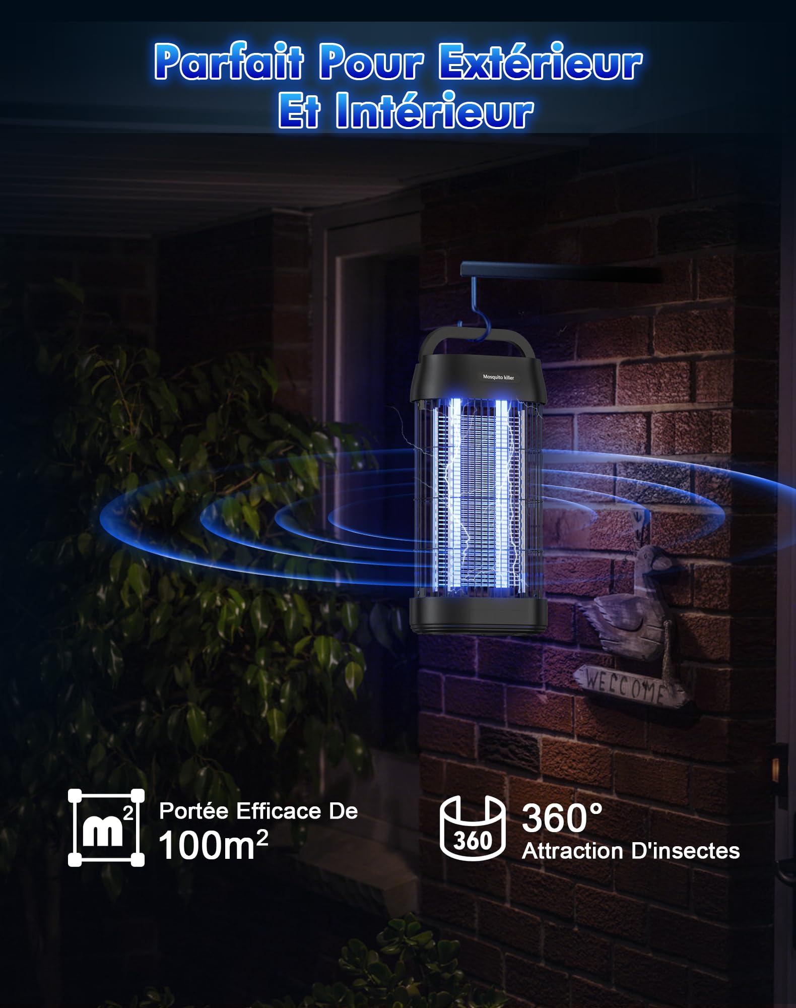 Lampe Anti Moustique 3000V, Tue Mouche Électrique UV 16W, Lampe Anti Mouche avec Crochet Portable, Sécurisé, Éco-Énergétique et Silencieuse, pour Intérieur et Extérieur (100m²)