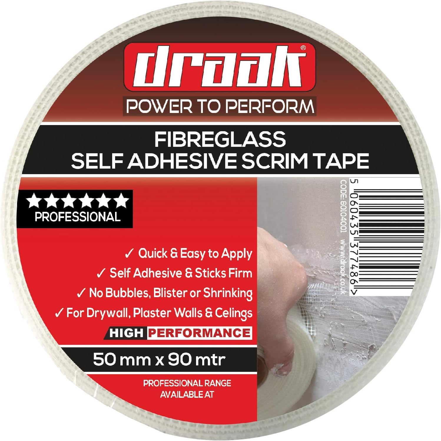 DRAAK Scrim Tape 50mm x 90mtr Long Plasterboard Mesh Joint Scrim Drywall Fibre Glass Self Adhesive, Wall Hole Or Crack Repair (50mm)