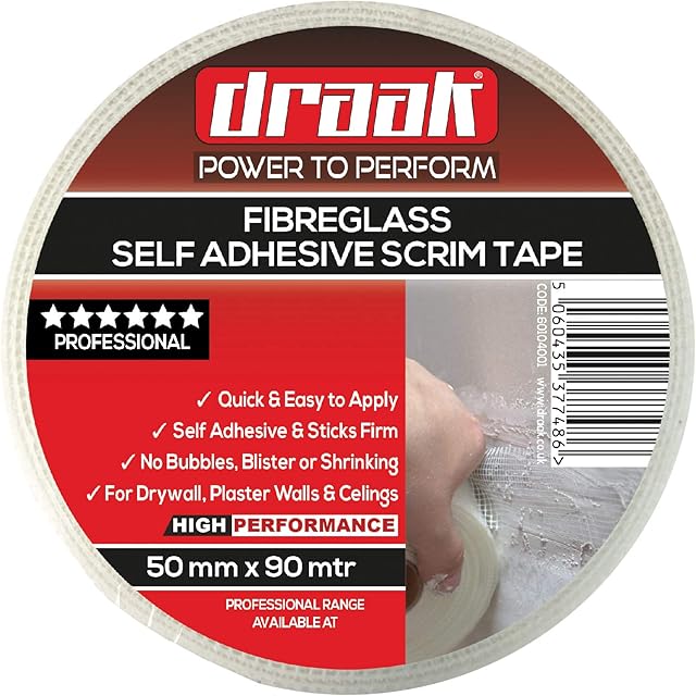 Draak Scrim Tape 50mm x 90mtr Long Plasterboard Mesh Joint Scrim Drywall Fibre Glass Self Adhesive, Wall Hole Or Crack Repair (50mm)