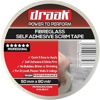 Draak Scrim Tape 50mm x 90mtr Long Plasterboard Mesh Joint Scrim Drywall Fibre Glass Self Adhesive, Wall Hole Or Crack Repair (50mm)