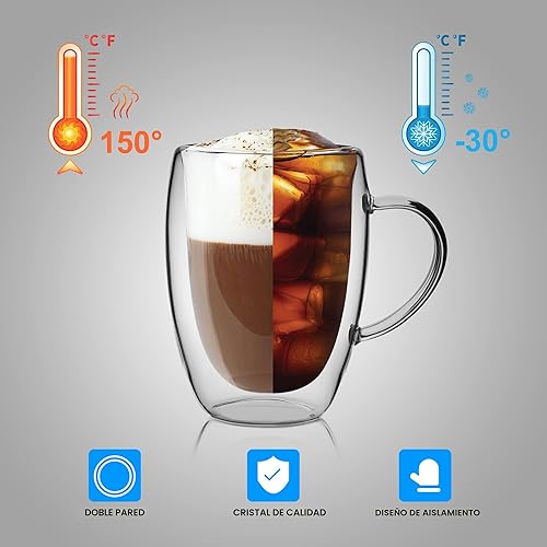 Miniatura 6 de LIBWYS Paquete de 6 tazas de café de doble pared, tazas de 12 onzas, tazas de té de café café con leche, con asa, resistentes al calor, vasos