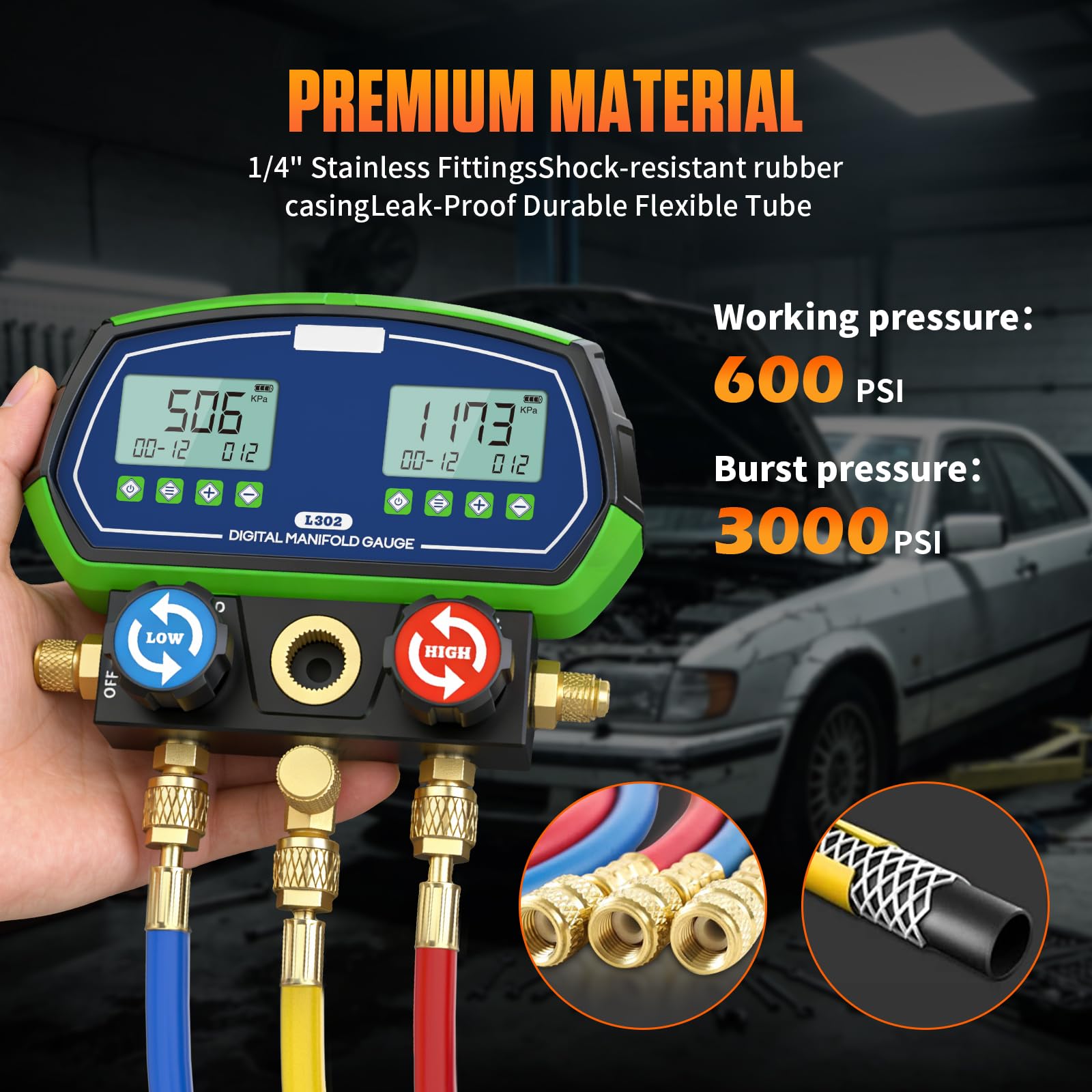 Digital Manifold Manometer, L302 Kältemittelanzeige HVAC -Verteilermessgerät für R32 R134a R410a 90 usw, Intelligenter Verteiler Mechnical Manifold Terminator