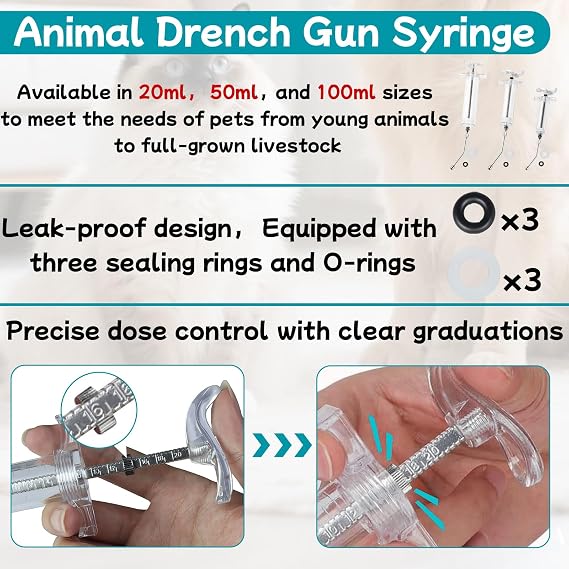 3 PCS Reusable Drench Syringe, Reusable Drench Gun Syringe for Bird, Cats, Dogs, Goats, Pigs, Syringe with 3 Drench Nozzle Adjustable Dosage (20ml 50ml 100ml)