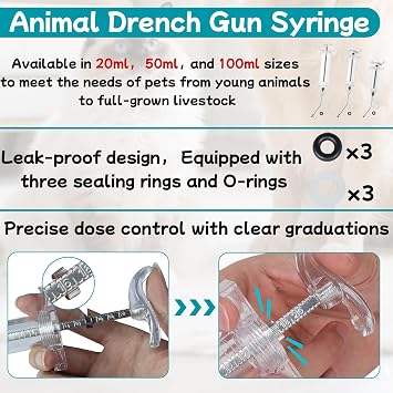 3 PCS Reusable Drench Syringe, Reusable Drench Gun Syringe for Bird, Cats, Dogs, Goats, Pigs, Syringe with 3 Drench Nozzle Adjustable Dosage (20ml 50ml 100ml)