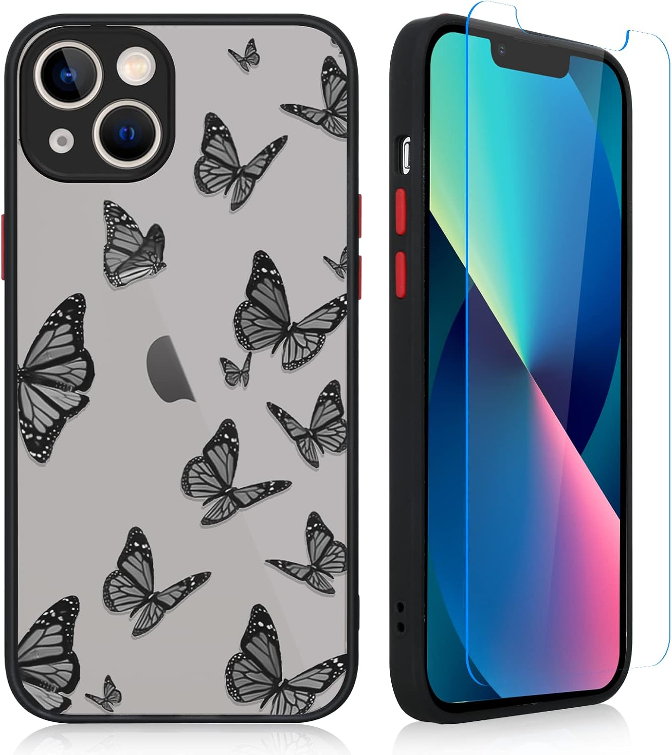 KANGHAR Designed for iPhone 13 Black Butterfly Case for Women Girls with Screen Protector Protective Translucent Matte Soft TPU Bumper Hard PC Back Clear Phone Cover 6.1"