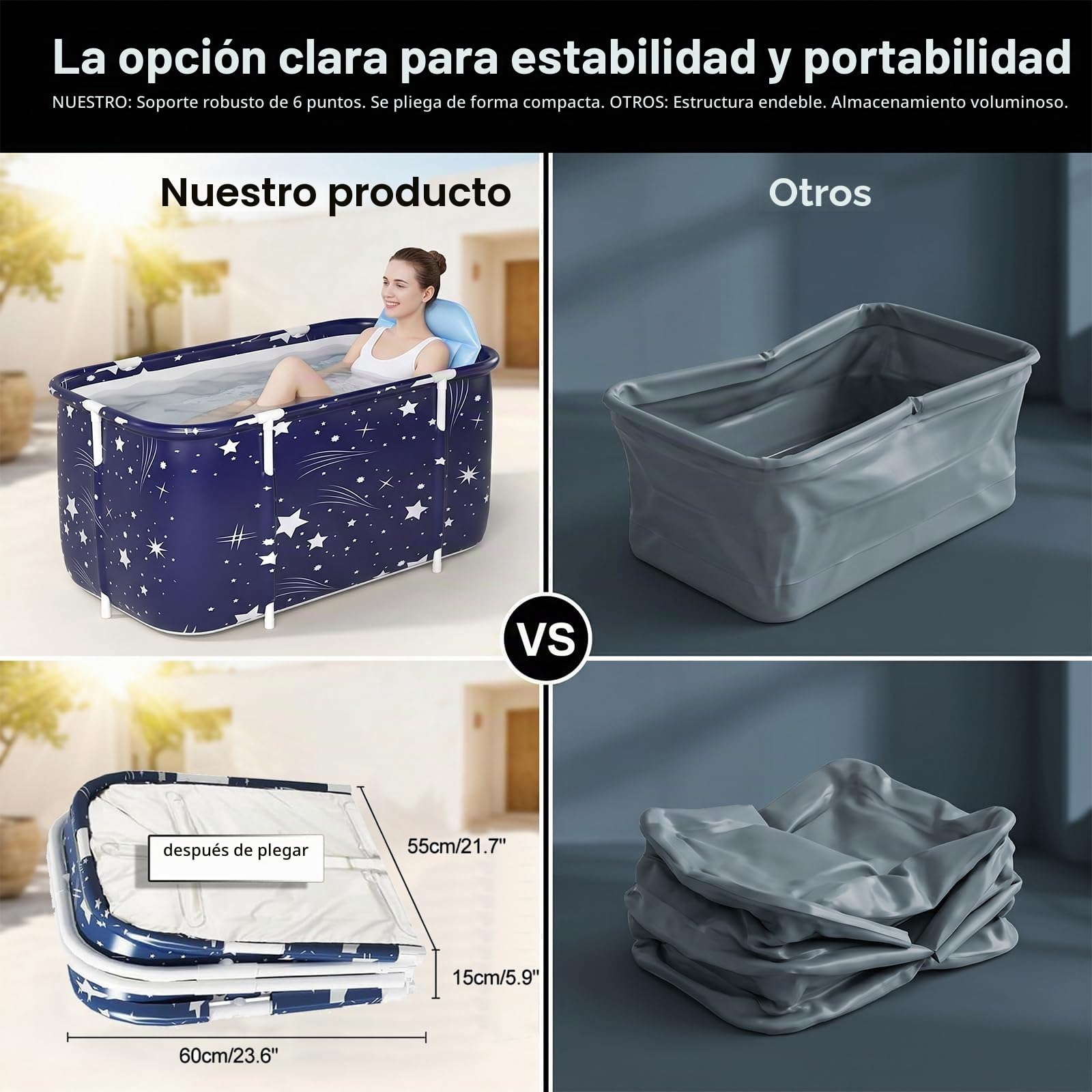 Bañera Plegable para Adultos Portátil 120 x 55 x 50cm Para Baño Caliente, Spa, Cubo De Baño Grueso, Bañera Grande De Múltiples Capas Con Respaldo, Cojín Y Bomba Inflable