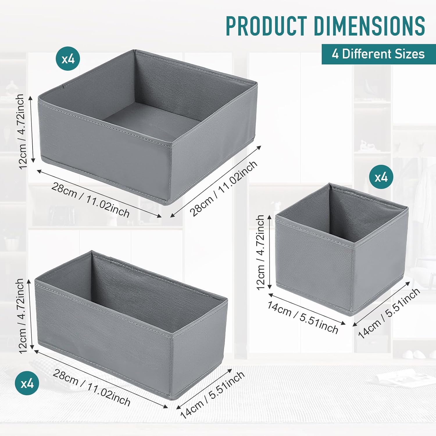 12 Pack Drawer Organizers Underwear Drawer Dividers Foldable Storage Boxes Fabric Closet Organizer Storage Cubes for Clothes Bras Socks Ties Cosmetics Stationeries Hair Accessories(Dark Grey)