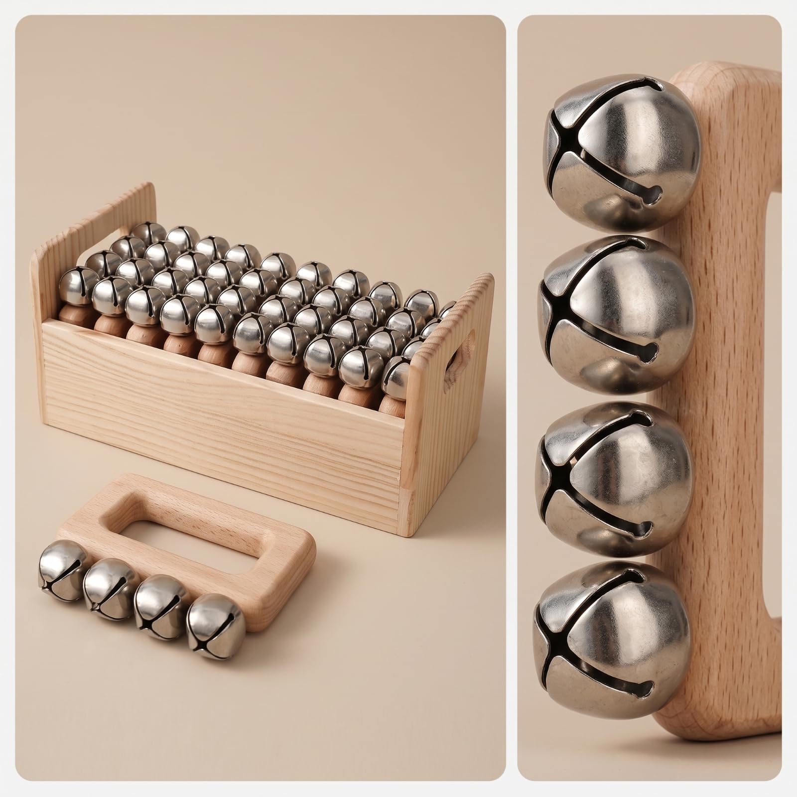 harayaa Campanella Musicale per Bambini Strumento a Percussione Sonaglio a Mano Raganella Tradizionale in Legno con in Metallo, Sette Campanelle A Mano A Mezzaluna + Scatola Di Legno