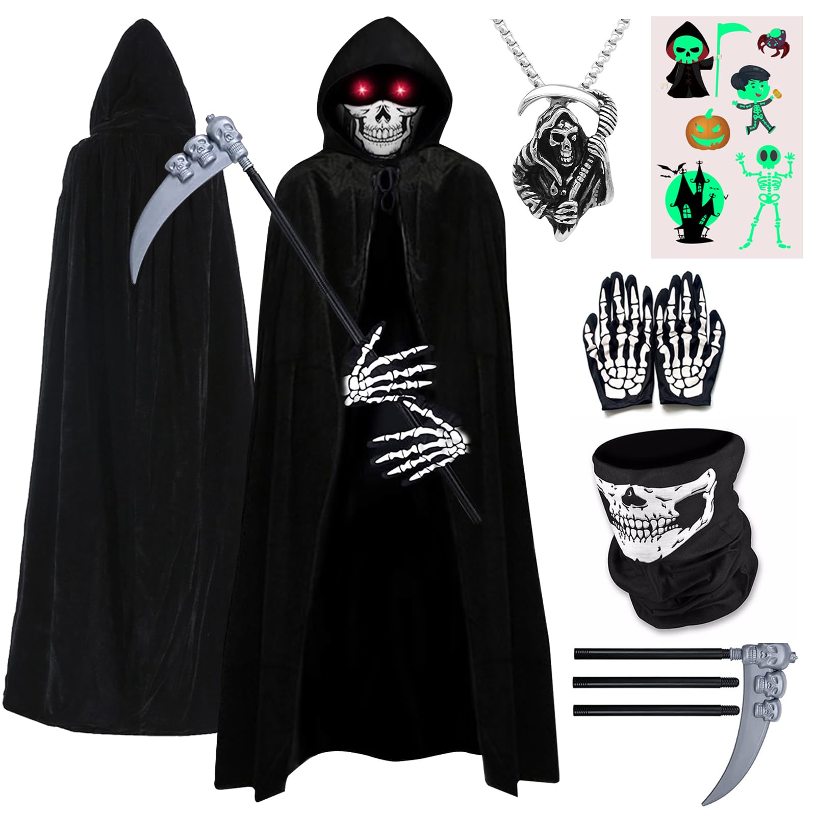 ATOWORLD Halloween Grim Reaper Costume Kids Boys 5-6 6-7 Skeleton Kids Girls Grim Reaper Cloak Black Halloween Scythe Grim Reaper Cape Scream Costume Mask Gloves Grim Reaper Outfit Skeleton Necklace