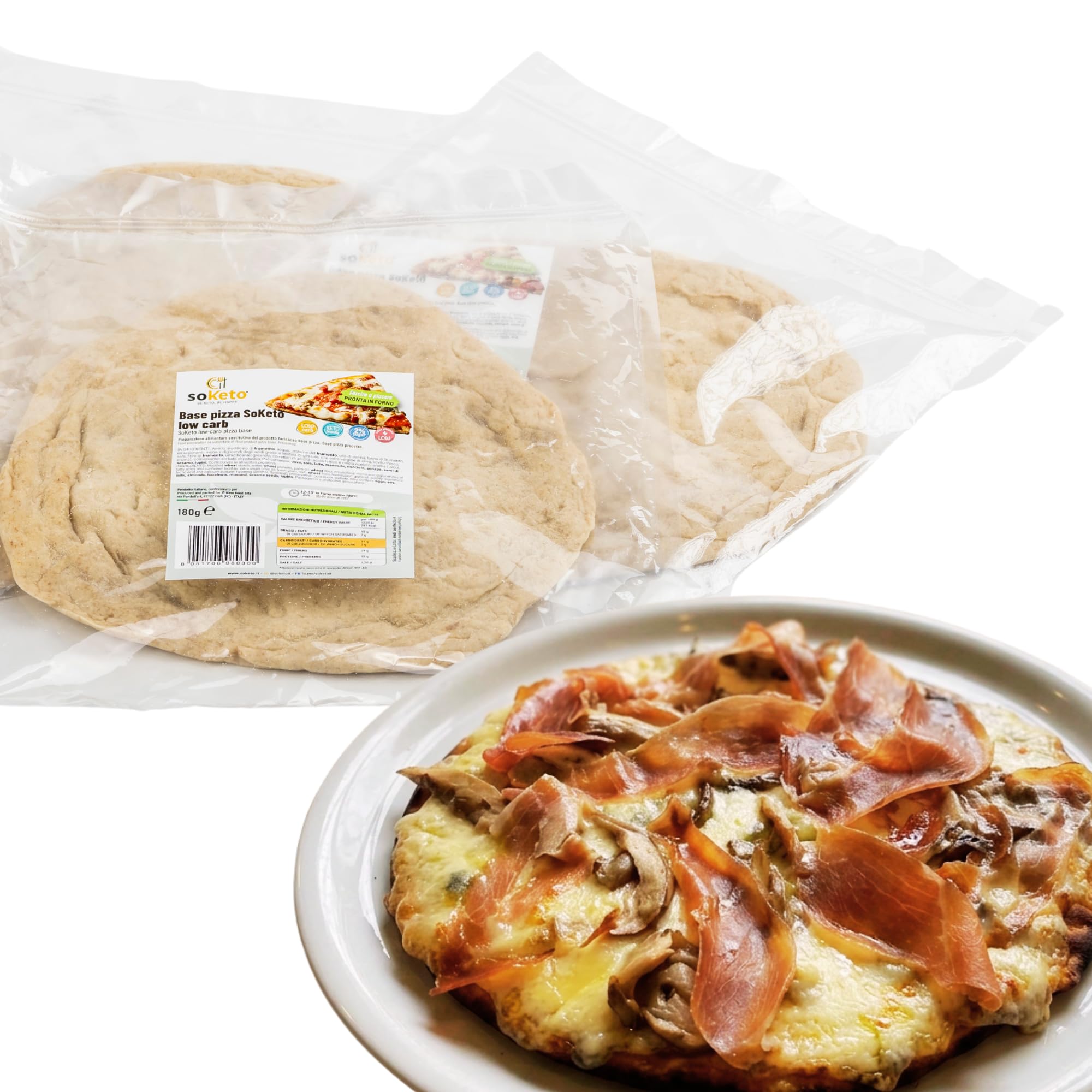 SOKETO Base Pizza Keto Low Carb | 12g Carboidrati - 15g Proteine per 100g | Senza Zuccheri, Basso IG, Ideale per Diabetici (2 basi - 360g)