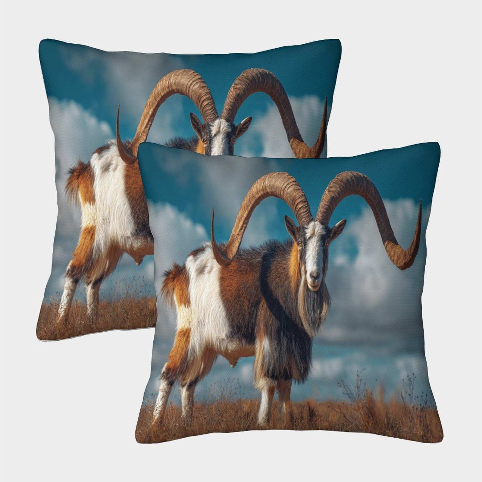 kaiyun 2 Pack Wild Goats with Huge Horns, Under A Clear Blue Sky 3D Image Printed Single-sided Cushion Cover 45x45cm