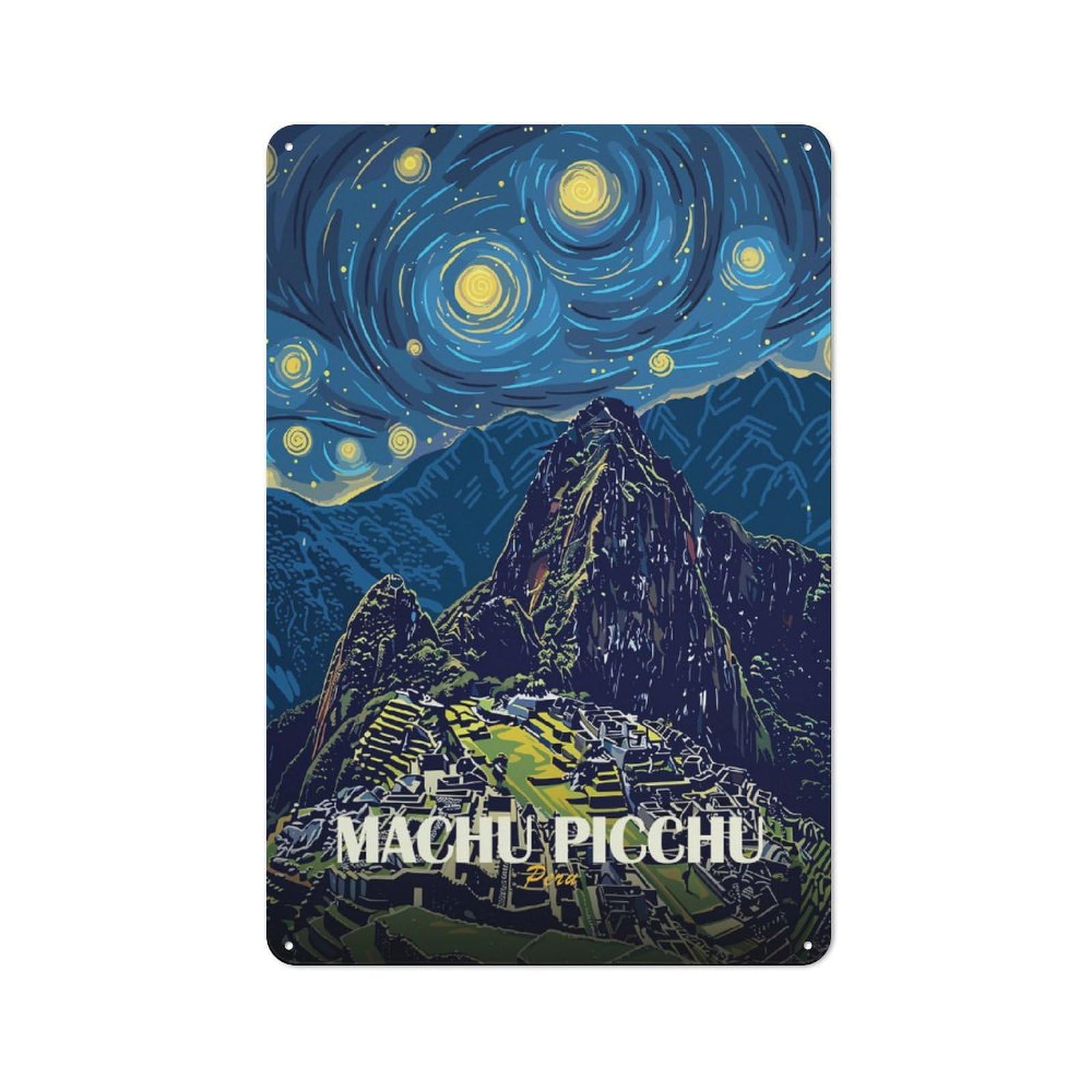 Understated Machu Picchu, Peru, Starry Night Style Metal Wall Plaque 30x20cm, Creative Space Decor for Office, Study, Studio Or Hallway