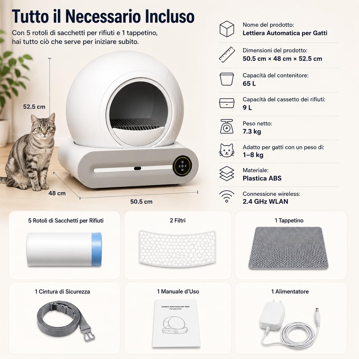 Lettiera Gatto Autopulente XXL 65L con Cassetto Rifiuti 9L, Lettiera Automatica per Più Gatti con Controllo App, Sistema Antiodore Ionico e Monitoraggio Salute, per Gatti da 1 a 8 kg (A)