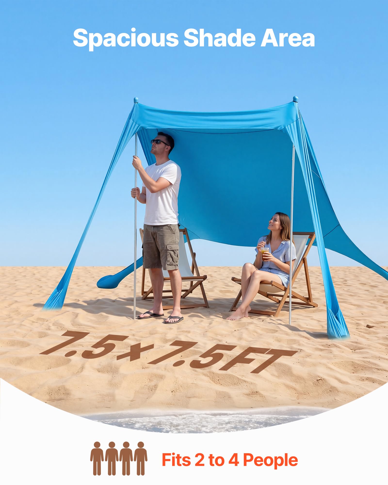VEVOR Tenda Parasole Portatile da Spiaggia per Esterno Protezione Solare UPF50+ 2,3 x 2,3 x 2 m, Parasole da Spiaggia con Pali di Supporto Tenda Portatile per Campeggio Viaggio Pesca, Blu