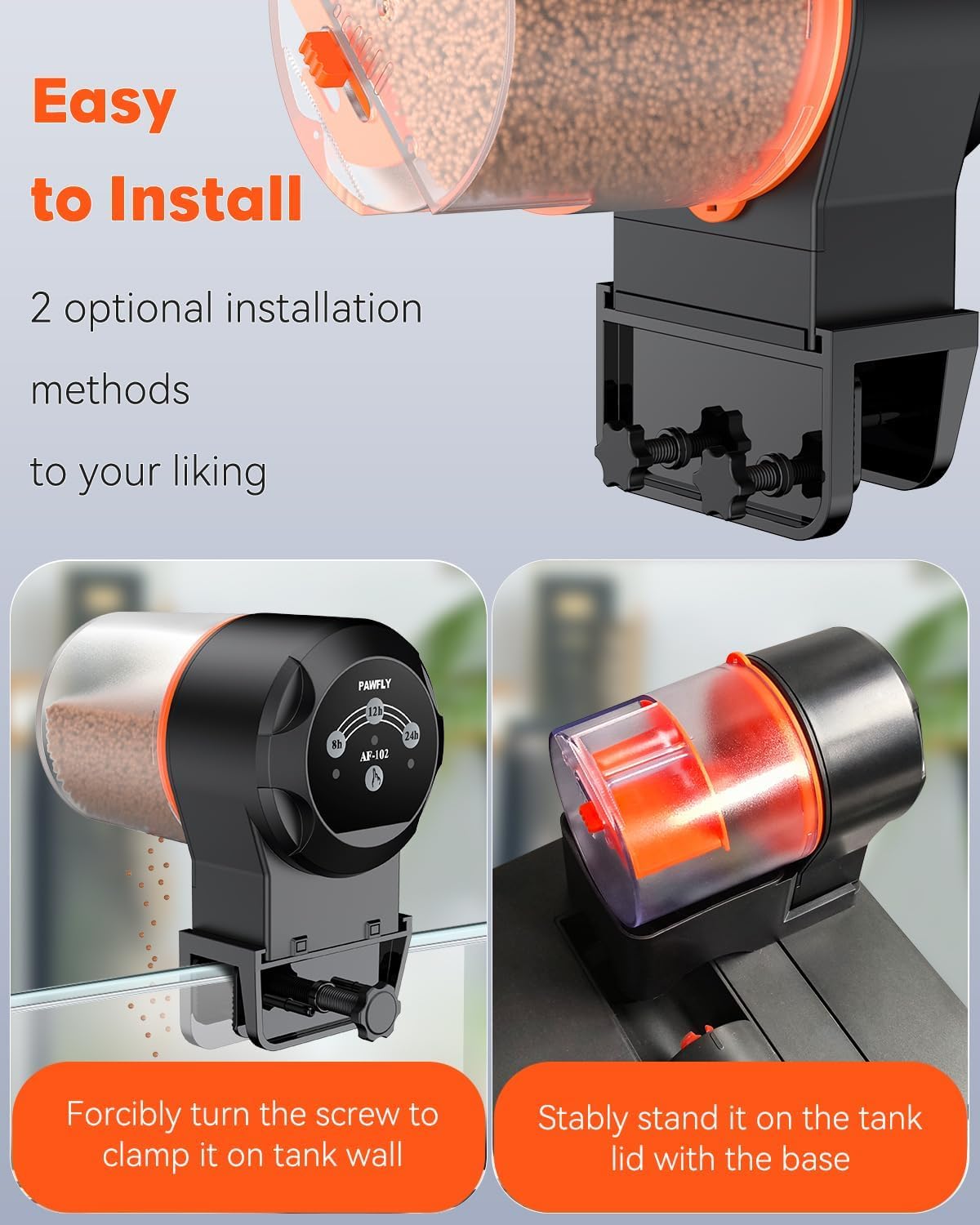 Two installation methods for the Pawfly Automatic Fish Feeder: clamped to the tank wall and standing on the tank lid with a base.