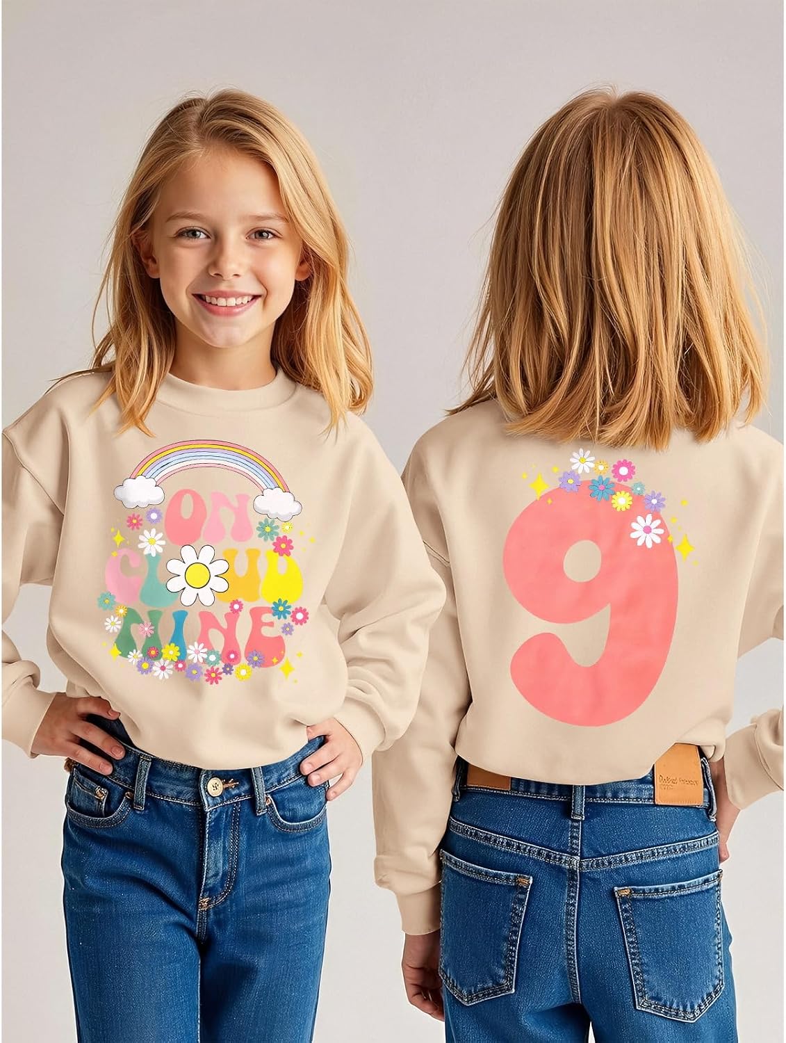 GLIGLITTR On Cloud Nine Birthday Girl Sweatshirt 9th Girl Birthday Outfit Rainbow Kid 9 Year Old Bday Party Long Sleeve Shirt