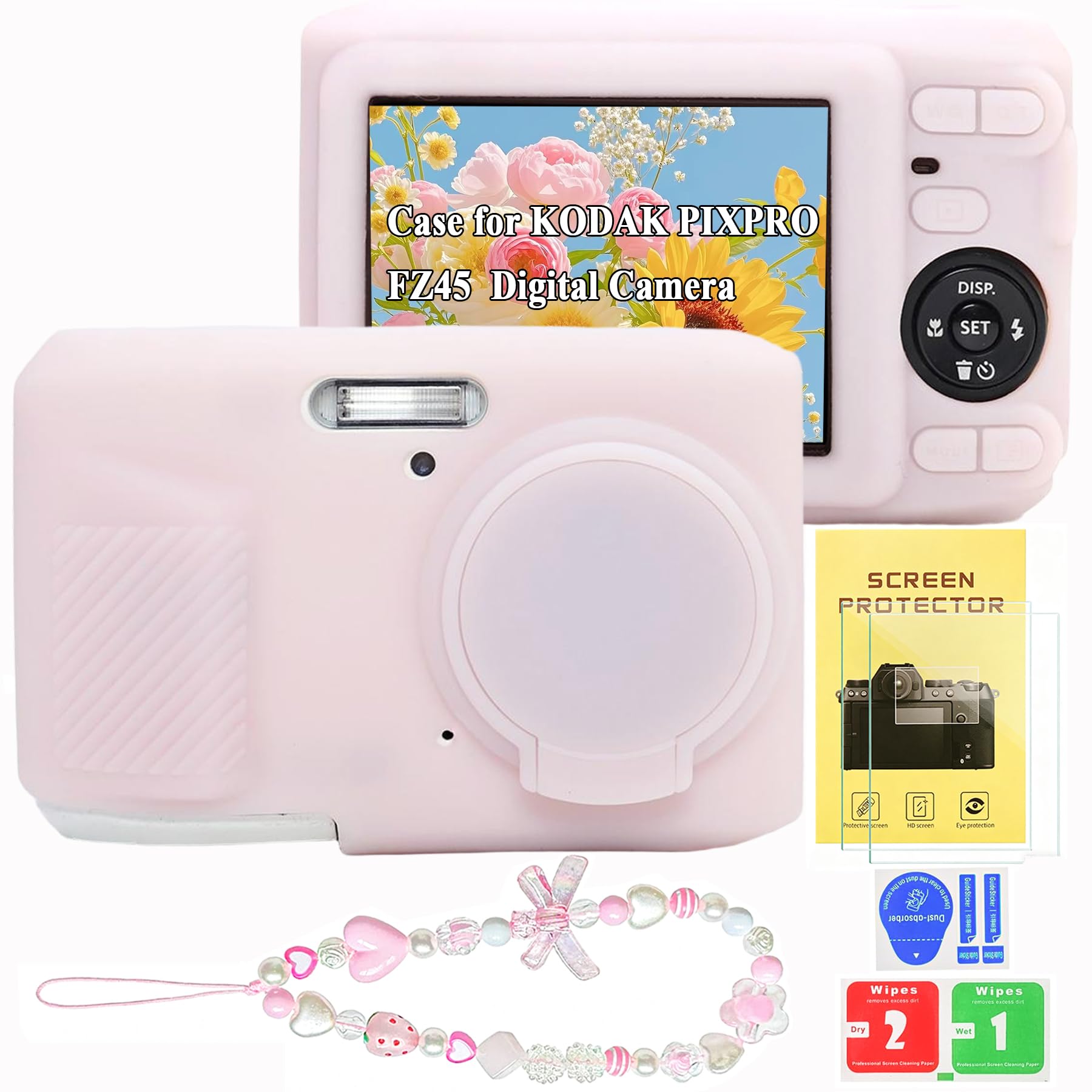 Case for Kodak PIXPRO FZ45, Soft Silicone Digital Camera Case with Charm Wrist Strap and Screen Protector, Lightweight Protector Case with Lens Cover for Kodak PIXPRO FZ45 Accessories (JELLY PINK)