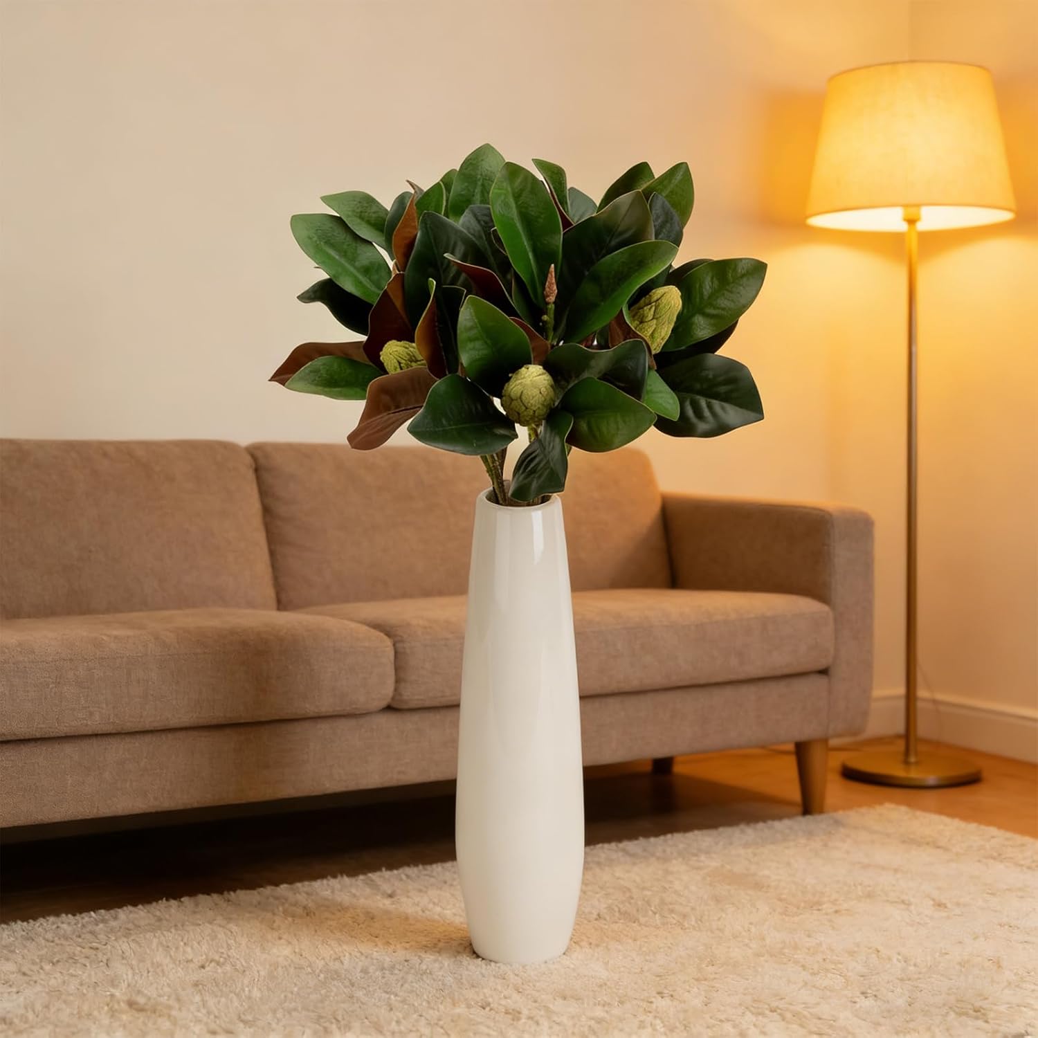 4 Pcs Magnolia Artificial Leaves Branches 30.7 Inch 3D Real Touch Magnolia Pick with Fruit Faux Magnolia Stems for Indoor Outdoor Vase Filling Home Wedding Floral Arrangement Decoration