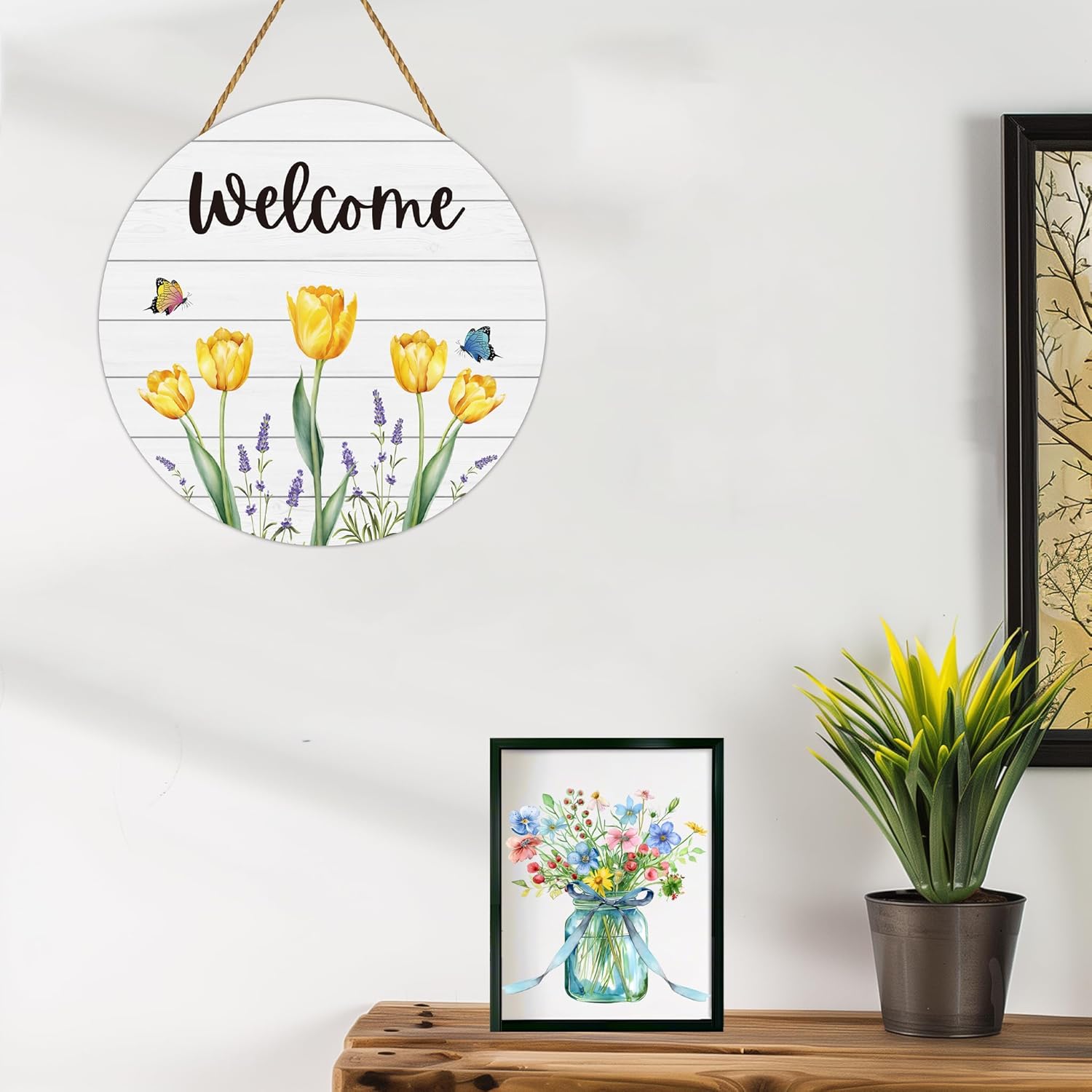 Spring Decorations for Home Spring Door Decor Butterfly Tulip Wall Decor Wooden Tulip Wreaths for Front Door Hanger Welcome Sign for Porch Wall Indoor Home Decor(Yellow)