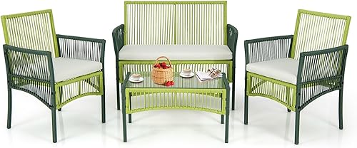 Tangkula Patiojoy - Juego de 4 sillas de ratán para exteriores, juego de conversación de mimbre para patio con cojines suaves, mesa de vidrio