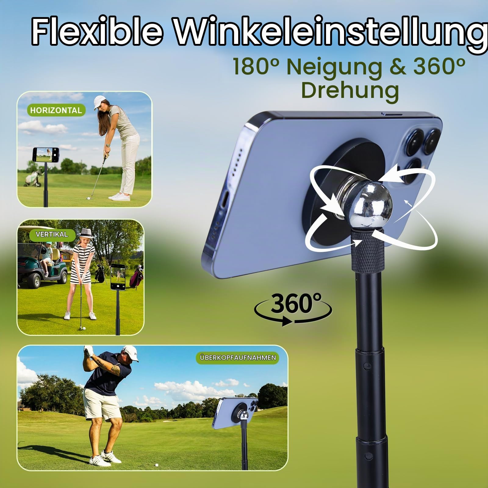 Golf Stativ, 16-54" Magnetischer Einbeinstativ Selfie Stick | 180°-Neigung und 360°-Drehung Handy Stativ mit Erdspieß mehr Stabilität für Golf, Golfgeschenk