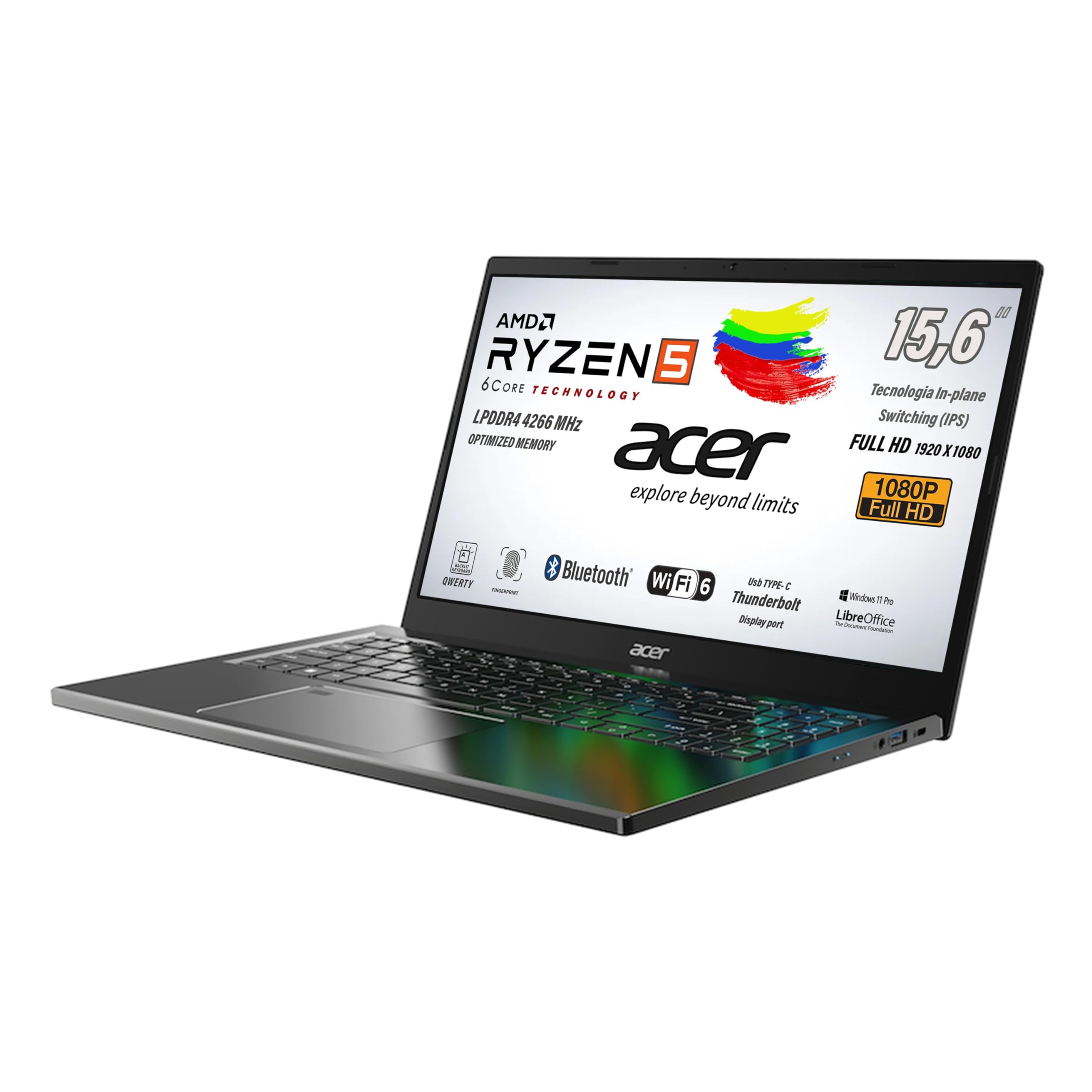 Acer Notebook Aspire Ryzen5 7530u CPU 6Core, fino a 4,5 GHz, RAM 8 Gb LPDDR4 4266 MHz, SSD PCIe NVMe 512Gb, FHD 15,6" IPS, Tastiera Retroilluminata, Fingerprint, Win11Pro, preconfigurato