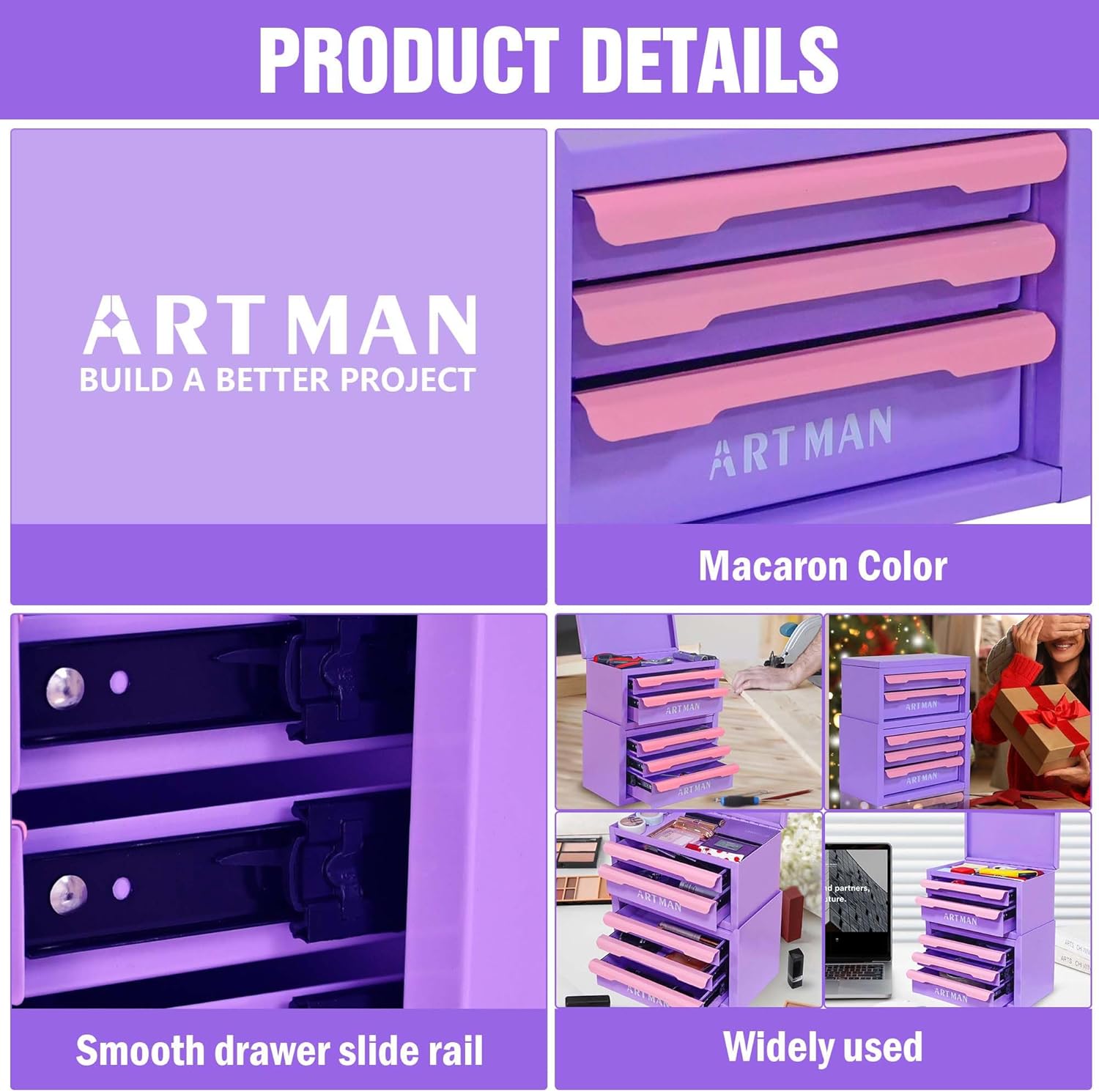 Mini Tool Box with Drawers, Small Tool Chest with Metal Handles for Office Workstation DIY, Portable Cosmetic Toolbox Cabinet & Table Top Toolboxes for Girls Gift Birthdays, Metal (Purple + Pink)