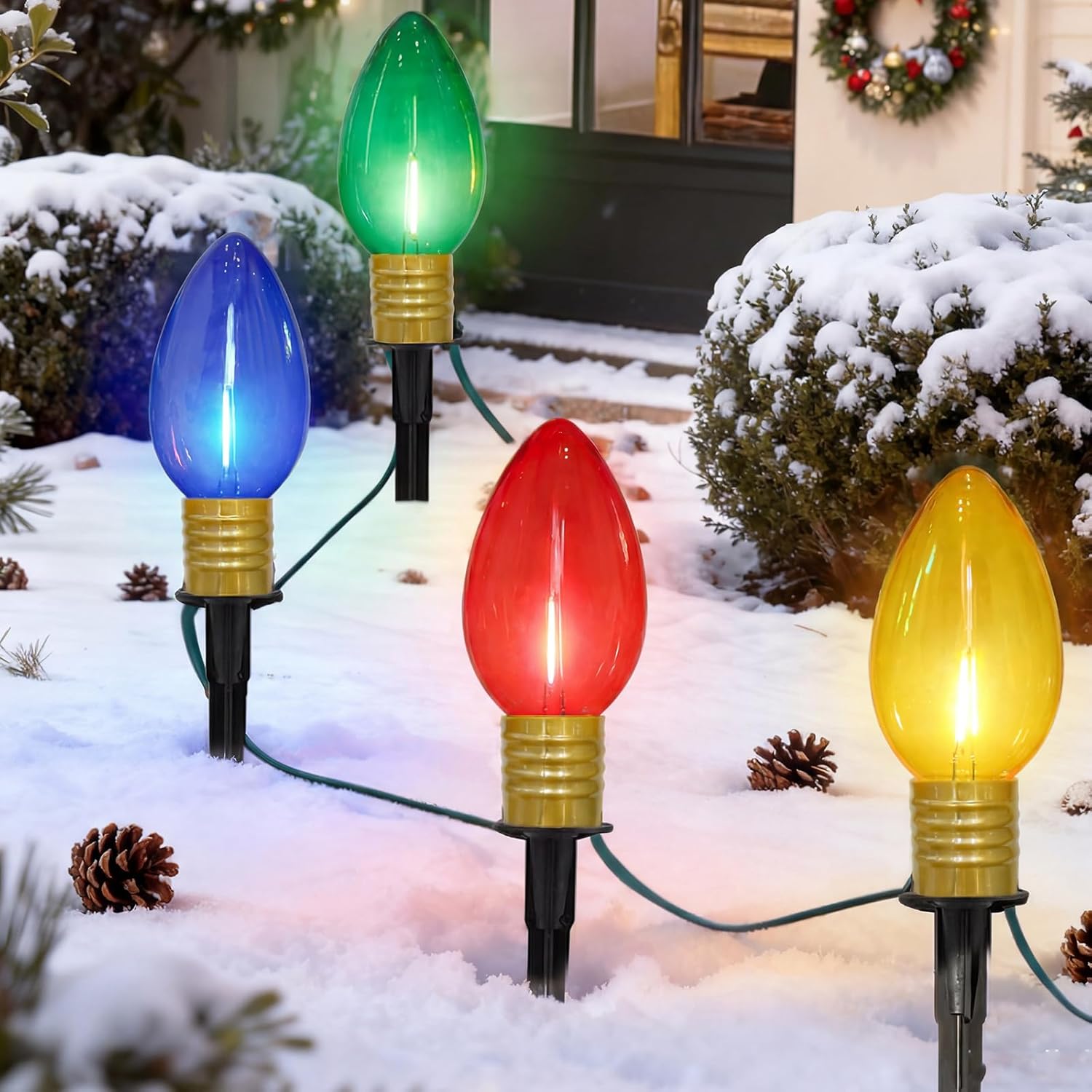 C9 LED Christmas Lollipop Peppermint Pathway Lights Outdoor, 7Ft 4 Candy Cane Bulbs Stakes Lights, Connectable Colorful Marker Walkway Lights for Yard Patio Sidewalk Driveway Garden Lawn Decor