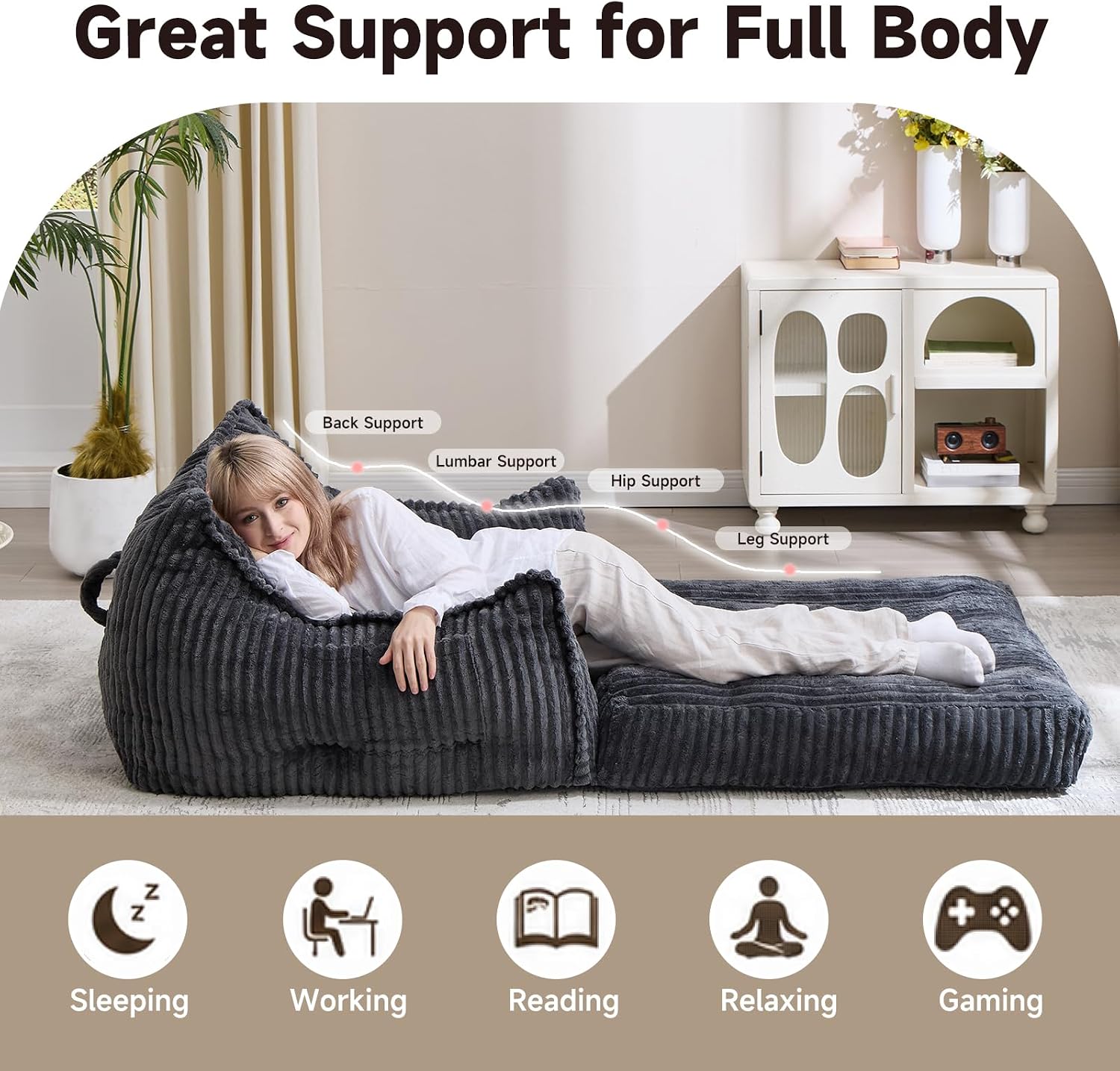 2 in 1 Folding Sofa Bed, Gray | Convertible Sleeper Sofa to Lounger Comfy Bean Bag Chair for Adults, Corduroy Floor Couch Bed with Handle for Living Room