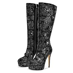 Womens Black Suede Platform Knee High Boots Rhinestone Floral Stiletto High Heels Long Fall Boot Wide Calf Fashion