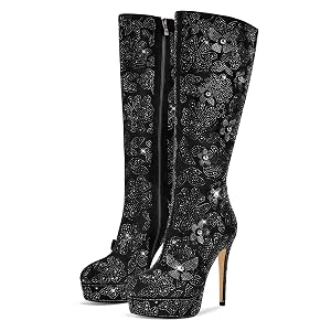 Womens Black Suede Platform Knee High Boots Rhinestone Floral Stiletto High Heels Long Fall Boot Wide Calf Fashion