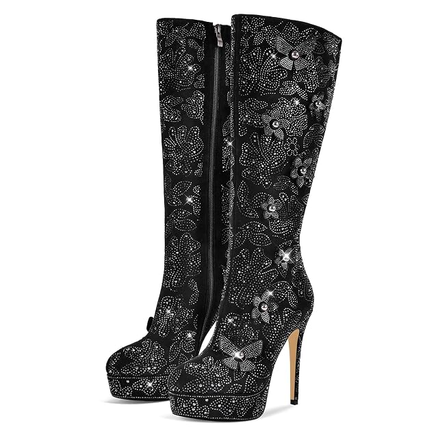 Womens Black Suede Platform Knee High Boots Rhinestone Floral Stiletto High Heels Long Fall Boot Wide Calf Fashion
