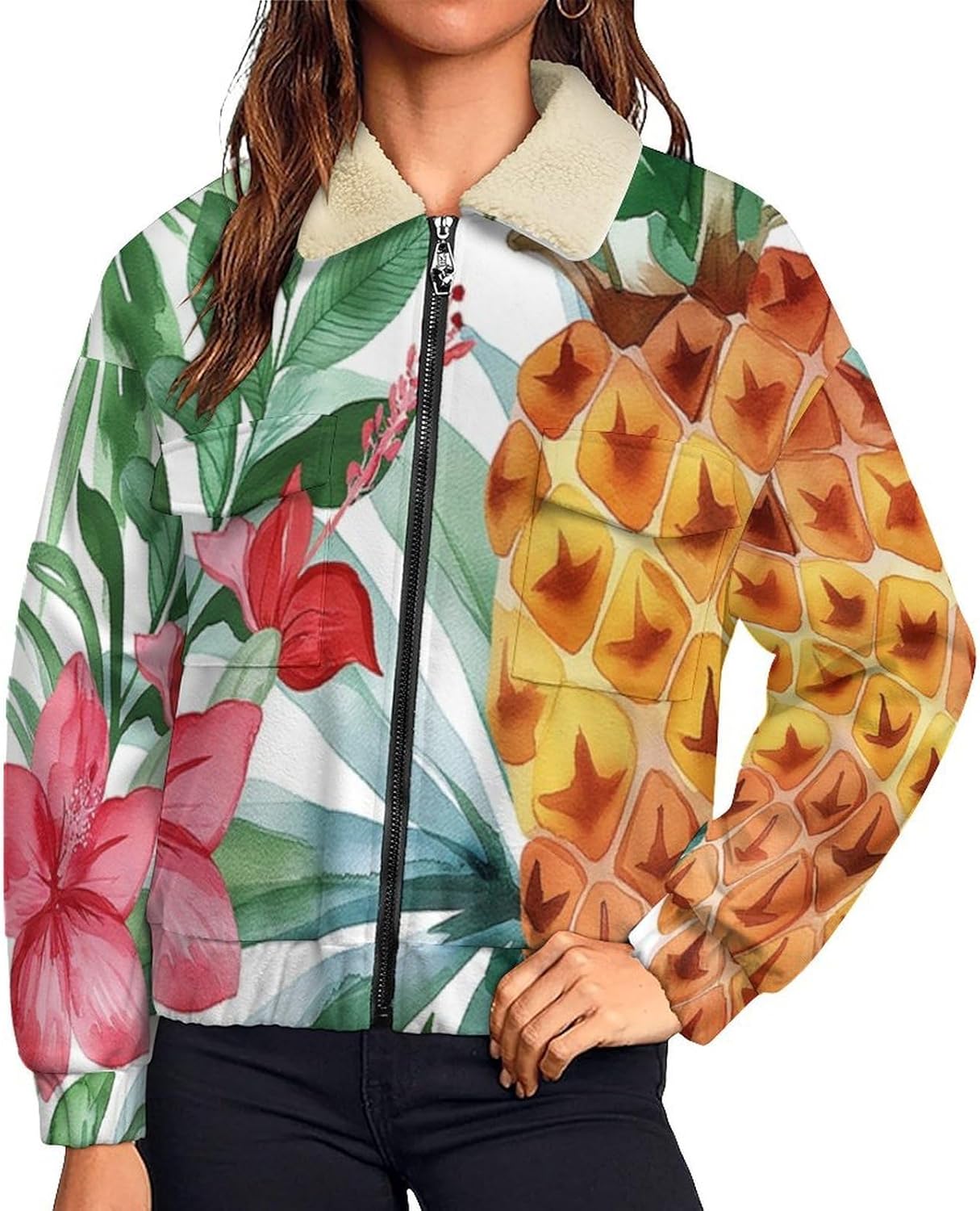 Women Winter Sherpa Lined Fleece Jacket, Long Sleeve Zip Up Pineapple flower Cropped Coats Warm Soft Polar Outwear