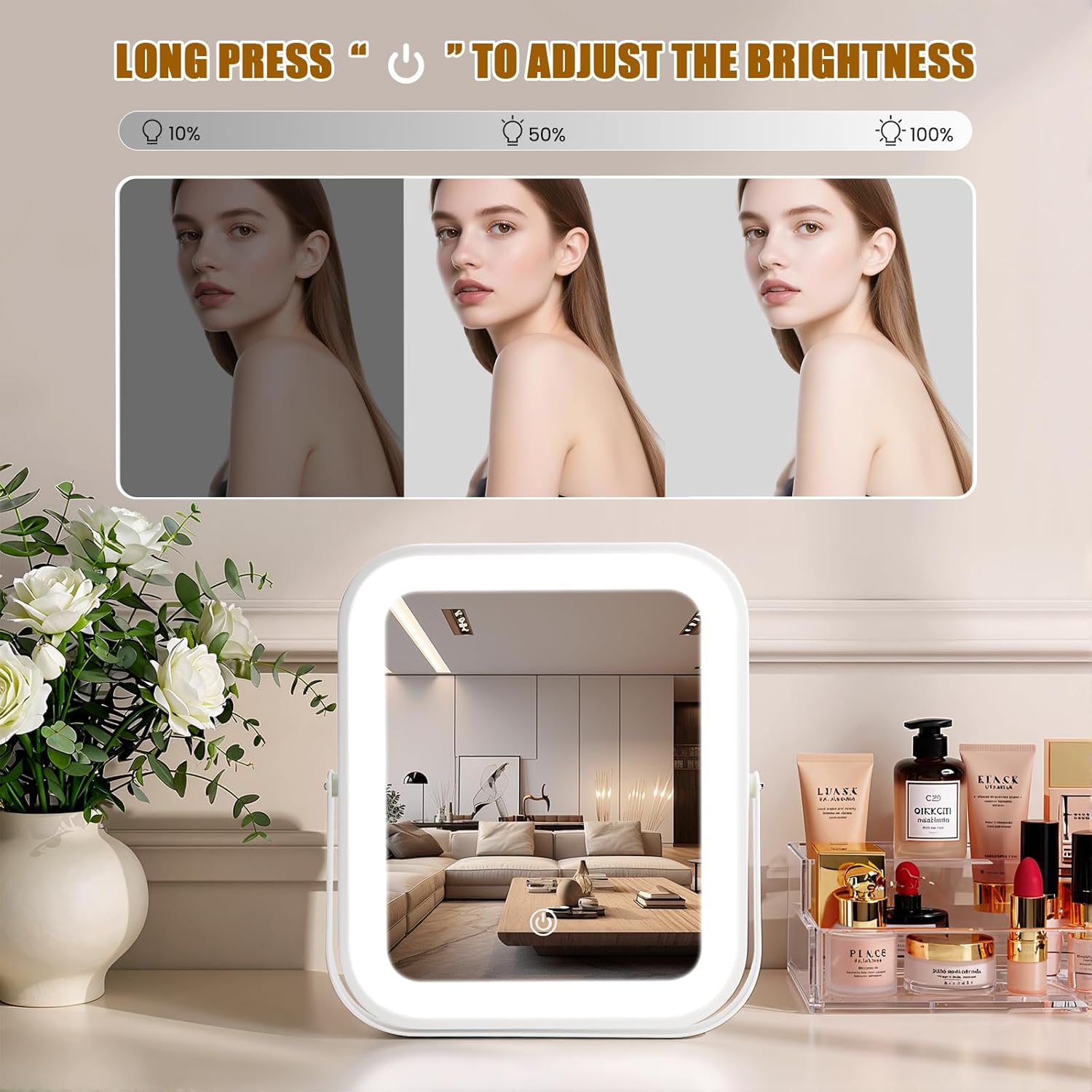 Vanity Mirror with Lights, 8" x 10" Lighted Vanity Mirror with 3-Color Dimmable LED, HD Professional Mirror with Lights, 360° Rotation, Portable Makeup Mirror for Bedroom, Travel, No Battery (White) - Image 4