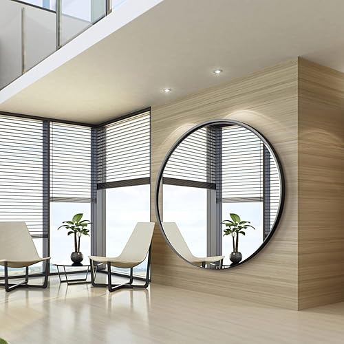 Miniatura 10 de Espejo redondo dorado de 42 pulgadas, espejo de baño circular grande para pared, marco de metal moderno, espejo de tocador de gran tamaño para baño