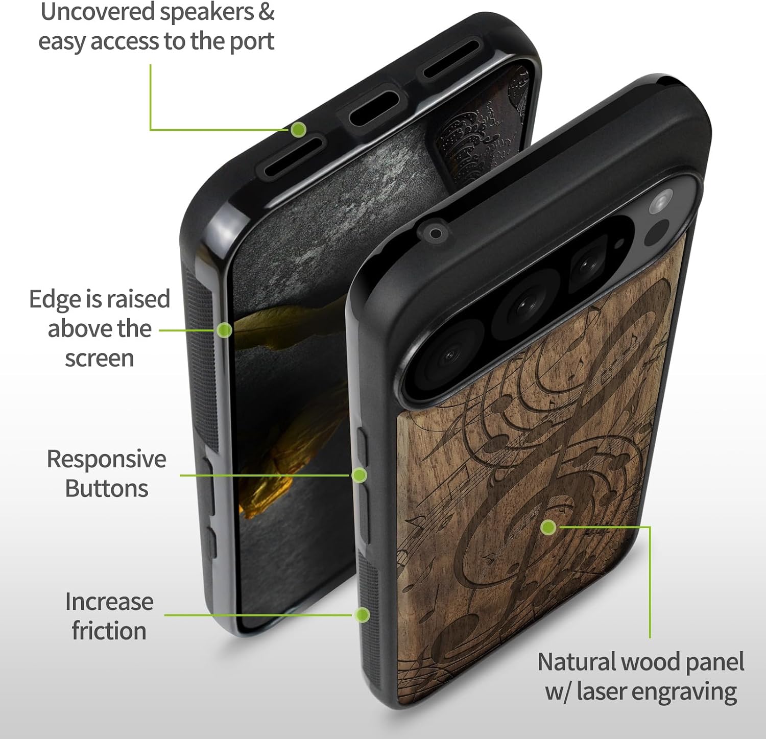 Carveit Magnetic Wooden Case for Google Pixel 10 Pro XL Case, Wood Artisan Engraved & Soft TPU Shockproof Cover, Compatible with MagSafe Wireless Chargers (The Grand Clef and Musical Notes) Walnut