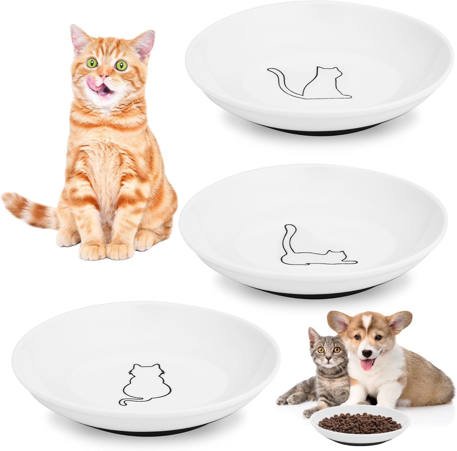 3-Pack Ceramic Cat Bowls with Non-Slip Base – 5.9inch White Cat Food Dish Set, Elegant Cat Silhouette Design, Cat Dishes for Indoor Cats, Cat Food Bowl for Wet and Dry Food Water
