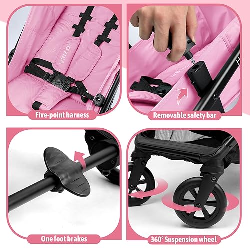 Miniatura 4 de Cochecito de bebé ligero, cochecito de viaje plegable con una sola mano, toldo grande con UPF 50+ y línea reflectante, respaldo ajustable, arnés de