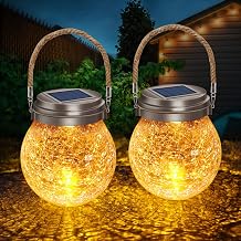 DBF 2 Pack Solar Lanterns Outdoor Waterproof IP65, Heavy Crackle Glass, Amber Warm & RGB, Stainless Steel Lid, LED Hanging Globes Garden Decorative for Patio Deck Backyard Tree Flower Bed Table