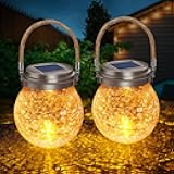 DBF 2 Pack Solar Lanterns Outdoor Waterproof IP65, Heavy Crackle Glass, Amber Warm & RGB, Stainless Steel Lid, LED Hanging Globes Light Garden Decorative for Patio Deck Backyard Tree Flower Bed Table