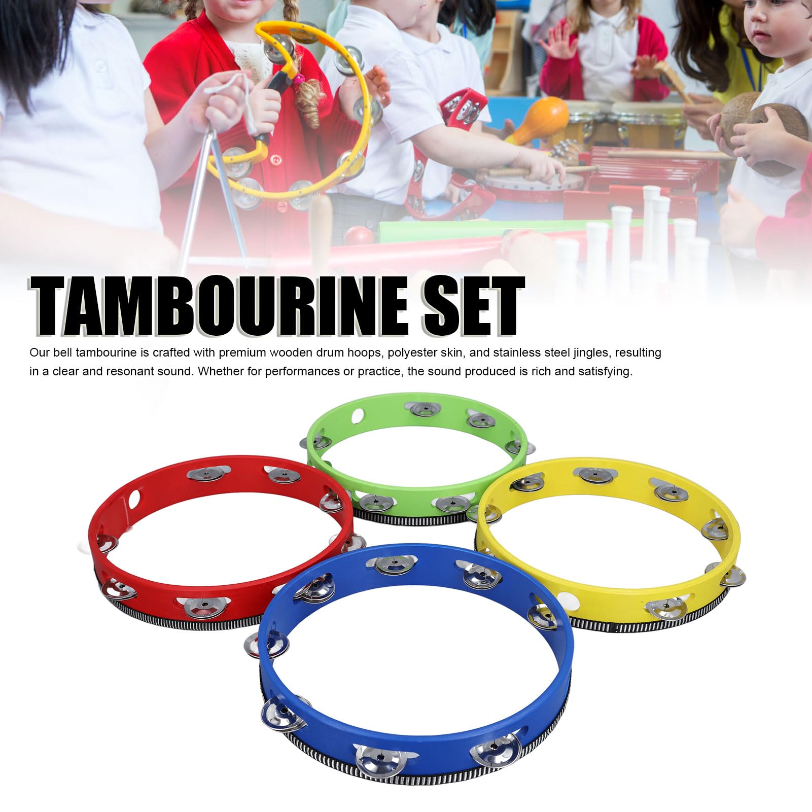 Acouto 4pcs Juego de Pandereta de Madera Jingles Handheld Panderina para Iglesias Conciertos Instrumento Percusión Setamtambourine Drumtambourinew Comúnmente No Es una S COMENTA