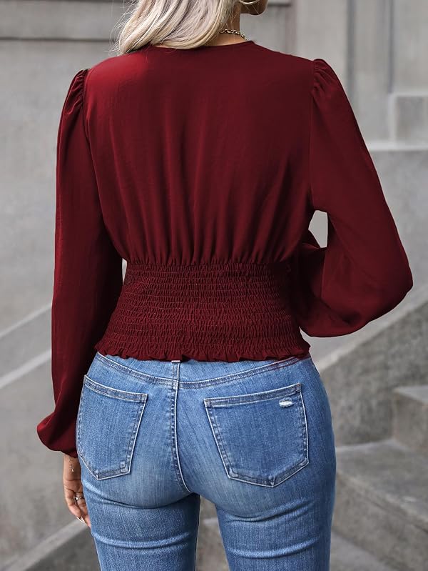 GORGLITTER Women's Ruched Deep V Neck Button Front Smock Lantern Sleeve Crop Top Blouses Burgundy X-Large by GORGLITTER - Image 2